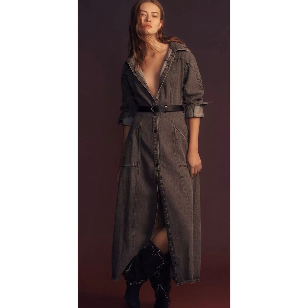Anthropologie Let Me Be Denim Shirt Dress Button Up Pockets Frayed Gray Size XS